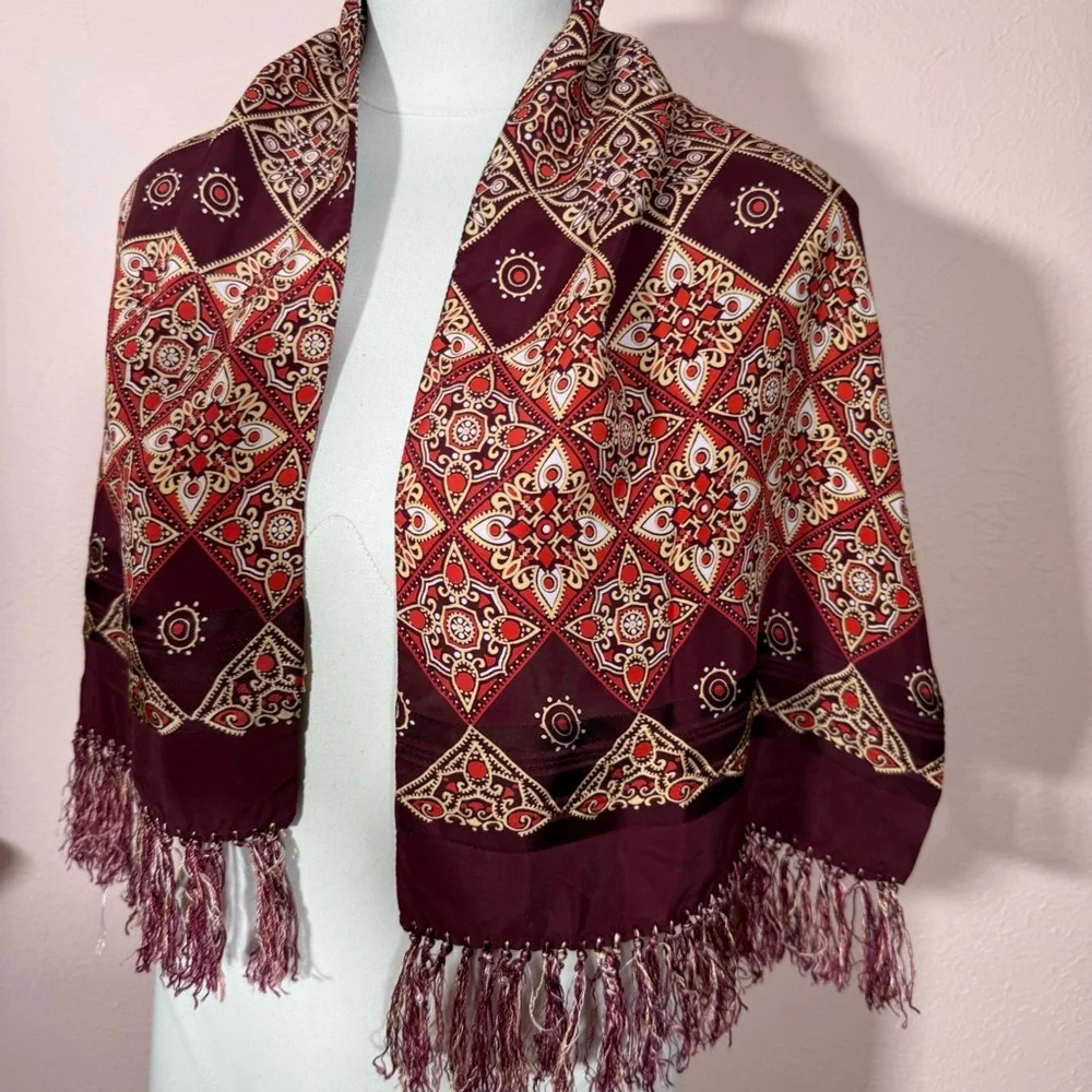 Vintage 1970’s Burgundy art deco Geometric Patterned Fringed Cravat Scarf